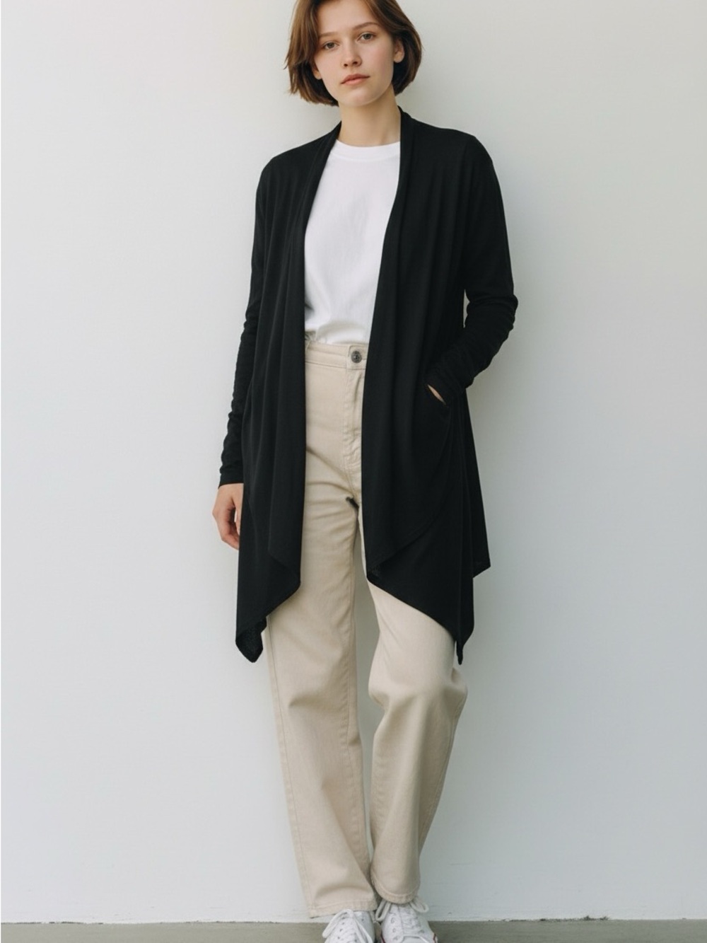 Black Draped Open-Front Women's Cardigan Sweater
